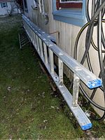 Aluminum extension ladder lying on the grass against a building exterior. Shows full length and blue plastic end caps on feet.