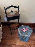 Photo showing the smoking stand and hat box together, showcasing size and condition.