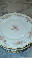 Stack of medium-sized white porcelain plates with pink rose patterns and gold trim, showing floral decoration and scalloped edges.