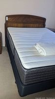 Full view of queen headboard, mattress, box spring and frame on carpeted floor