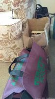 Four reusable grocery bags placed on floor near furniture, filled with books