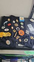 Full view of 23 assorted metal brooches on black fabric background including enamel, shell inlay, rhinestone, and painted floral designs