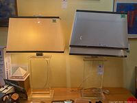 Pair of lucite base table lamps with shades shown together