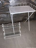 Photo showing full white iron mesh plant table with circular back edge detail and three legs visible.