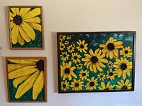 Three framed acrylic paintings featuring yellow flowers against green backgrounds. Various sizes as noted in seller's description.