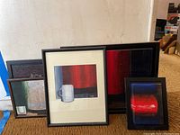 Five framed abstract paintings signed by Donald Gotz, showing overall lot contents and style