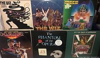 The Wiz, Meco - The Wizard of Oz, Hair, The Phantom of the Opera with insert, Little Shop of Horrors original cast album with music book visible