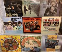 Photo showing vinyl records of Simon and Garfunkel (3 albums), The Monkees, The Happenings, Beach Boys (2 albums), Spanky and Our Gang, Frankie Lymon and The Teenagers, and The Seekers.