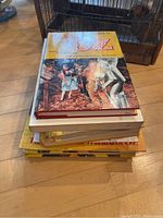 Stack of vintage books on wooden floor next to a metal cage or crate, showing edges of titles with varied colors and wear.