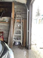 Two aluminum ladders leaned against a wall inside a garage, showing they include a 6 ft step ladder and a 15 ft extension ladder made by Louisville Ladders.