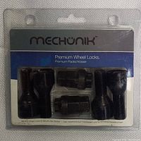 Front view of single sealed pack showing four black conical wheel locks and key socket under 'Mechunik Premium Wheel Locks' header.
