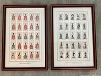 Two mahogany framed sets of vintage cigarette cards showing military figures, titled Military Series 1900 and Uniforms of the Territorial Army 1939.