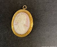 Front view of oval pink shell cameo set in gold frame showing profile relief