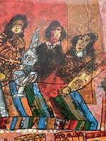 Close up view of the colorful lithograph art showing three stylized figures with detailed faces and patterned clothing above a striped train image.