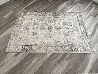 Full view of the gray Sofia Collection area rug showing distressed pattern and rectangular shape on wooden floor.