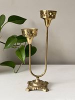 Two-candled brass candlestick holder standing on white surface with green plant in the background.