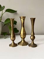 Three vintage brass vases shown from front with plant backdrop, varying shapes and moderate patina visible.