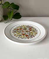 Stack of Corelle plates with central floral pattern and brown rim line.