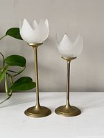 Pair of frosted white lotus flower-shaped glass candlesticks with brass-tone metal stems and round bases against neutral wall and green plant background.