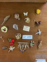 Full view of collection of brooches and pins arranged on wooden surface showing various designs including floral, animal, and abstract shapes.
