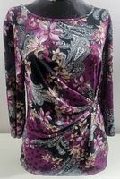 Front view of Erin Blair ladies ruched top in floral-paisley pattern with long sleeves, showing overall pattern and fit.