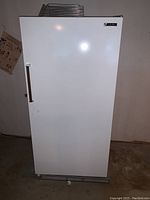 Front view of a white upright Viking freezer with handle on left side and ventilation panel at bottom.