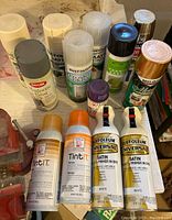 Photo showing spray paint assortment including Rust-Oleum, Krylon, Design Master, Holly products in various finishes and colors.
