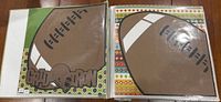 Two football-themed scrapbook page layouts featuring large brown helmet shapes and 'Grid Iron' text