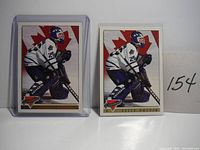 Two hockey cards side by side, one in a plastic protective case (gold parallel) and one out of the case (regular). Both feature Felix Potvin in goalie gear with Canadian flag background.