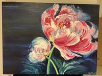 Front view of the large modern floral painting showing two flowers with vibrant pink, red, white, and green colors on a dark background. The signature is visible lower right.