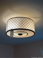 Lit ceiling light fixture showing mesh circular pattern on drum shade from a side angle