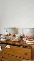 Full view of six Southwest-themed ceramic planters with painted desert scenes, cacti, birds, and sunset colors, placed on wooden furniture.