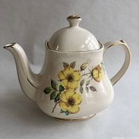 Front angle of vintage Sadler teapot showing yellow wild rose floral pattern and gold trim on spout and handle edges.