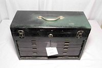 Front view of black metal machinist toolbox closed, showing two latches and handle on top.