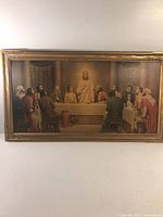 Front view of the vintage framed artwork showing Jesus standing with disciples seated at a long table inside the Upper Room.