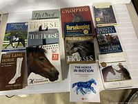 Photo of 13 horse-related books arranged on a wooden floor against white panel wall