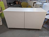 Front view of white Ikea Besta storage unit, rectangular shape, two doors closed.
