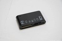 Black USB 2.0 memory card reader with top view showing icons of compatible card types.
