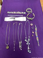 Photo showing entire assortment of bracelets, necklaces, rings, and pendants on purple background.