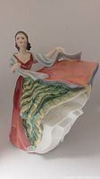 Front and side view of the Royal Doulton porcelain figurine Anne, showing detailed dress and pose