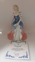 Front view of the Royal Doulton Pamela figurine showing detailed dress and the Certificate of Authenticity in front.