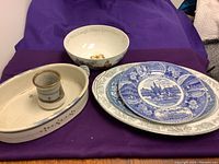 Overview of all items including 3 platters, pottery bowl with handles, small pottery cup and decorative ceramic bowl