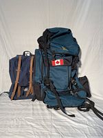 Front view of two backpacks showing blue hiking backpack with Canadian flag patch and navy blue daypack with brown straps