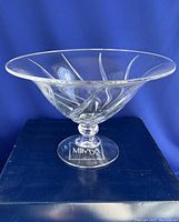 Front view of the footed Mikasa crystal bowl showing the etched swirl design and wide flared rim.
