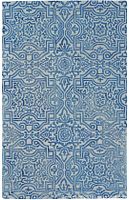 Full view of the blue and cream damask pattern rug showing the detailed design and color gradient.