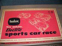 Box of Tudor Electric Sports Car Race set with red and cream design and racing car illustrations