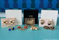 Full lot layout showing 12 individual pieces including clip earrings, pins, a mini picture frame, and three branded boxes.
