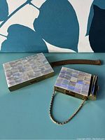 Front view showing the mother-of-pearl mosaic pattern on both compacts, one larger with brown wrist strap and one smaller with gold chain wrist strap and lipstick holder.