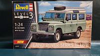 Front view of Revell Land Rover Series III LWB 1:24 scale model kit box showing artwork and kit details.