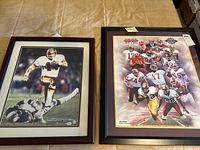 Two framed pictures side by side on fabric background showing Washington Redskins players